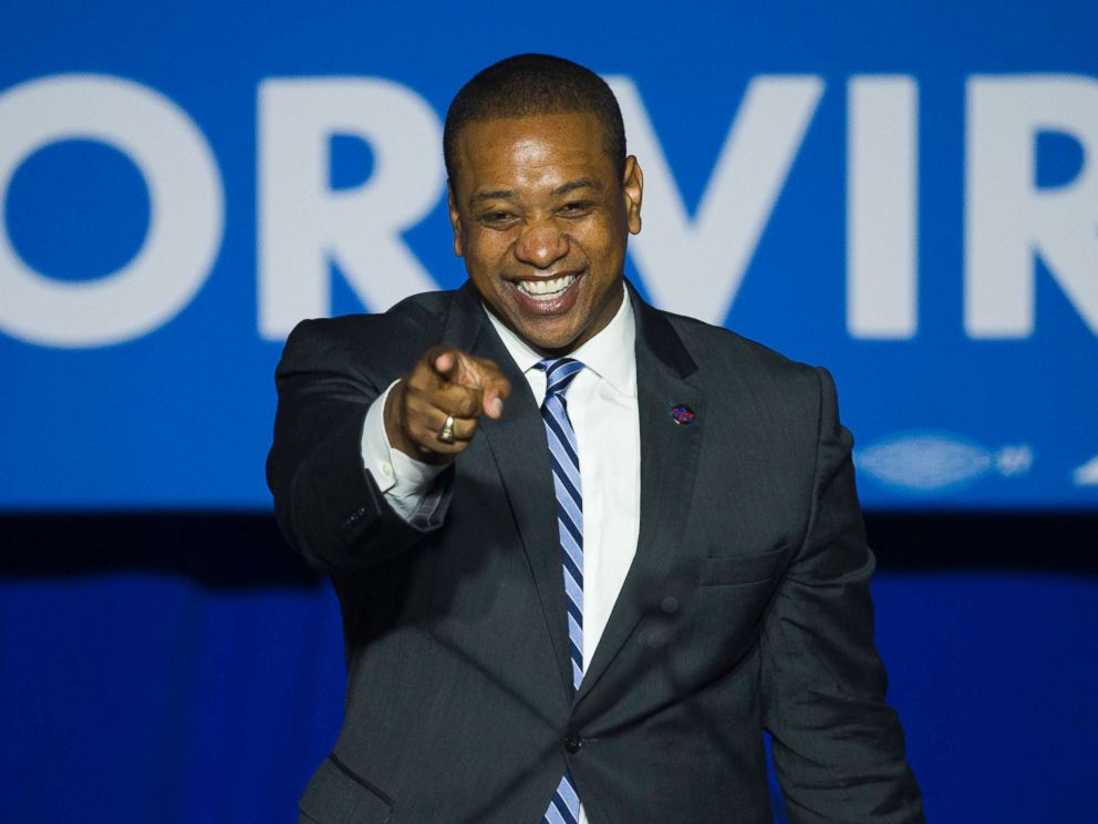 PHOTO: Democrat Lt. Gov.-elect Justin Fairfax addresses the Ralph Northam For Governor election night party at George Mason University in Fairfax, Va., Nov. 7, 2017. Fairfax is the first African-American to win a statewide office in Virginia since 1989.