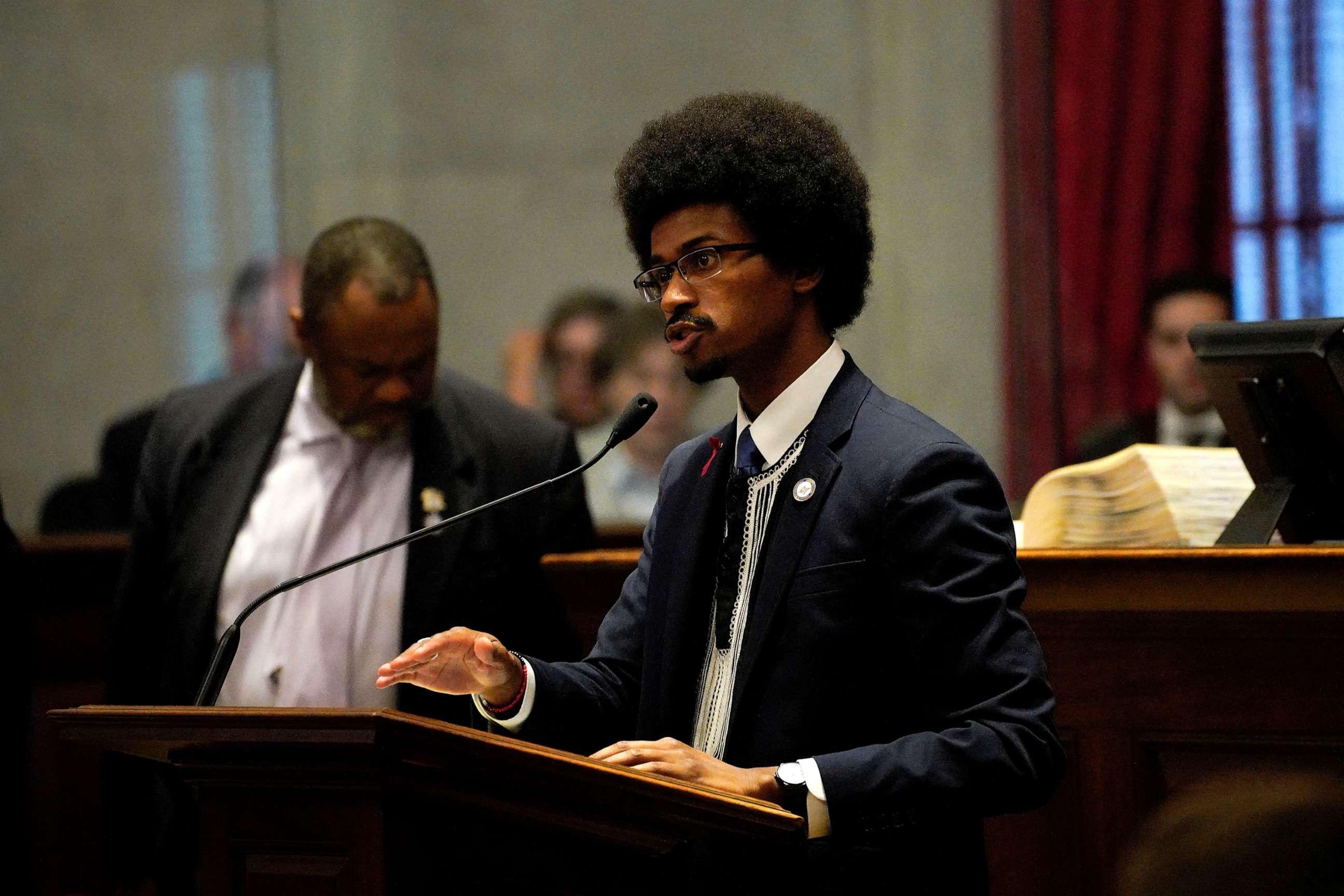 PHOTO: Rep. Justin Pearson speaks on the day it is scheduled to vote to expel three Democratic members for their roles in a gun control demonstration at the statehouse last week, in Nashville, Tenn., on April 6, 2023.