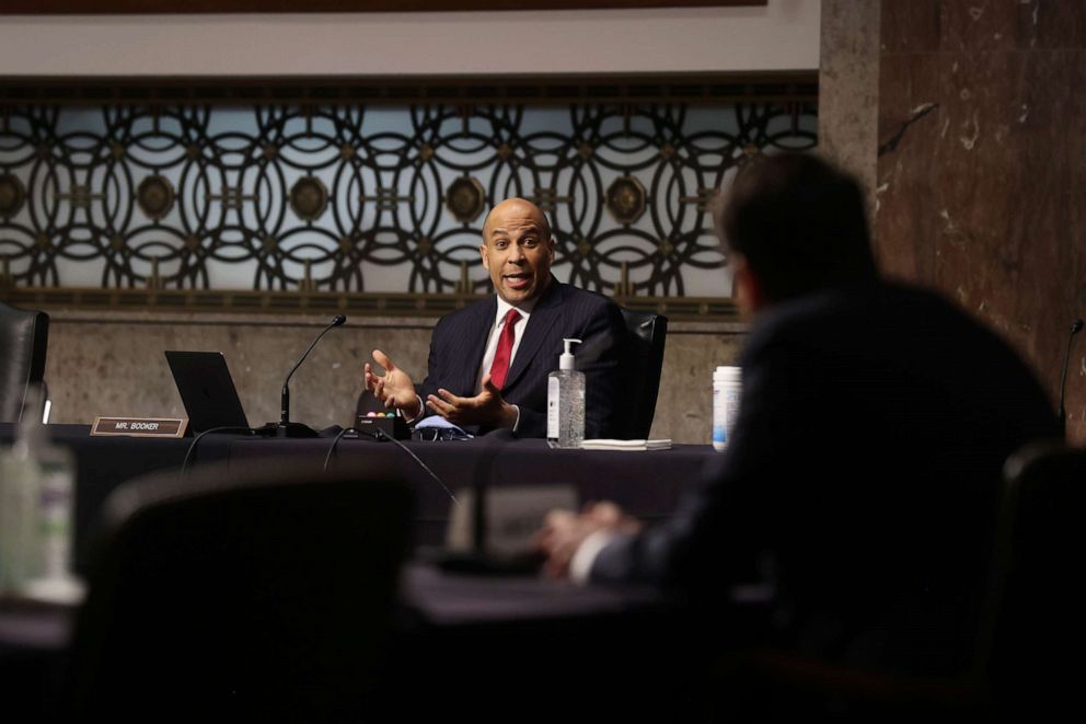 PHOTO: Sen. Cory Booker questions Justin Walker during a Senate Judiciary Committee hearing on Walker's nomination to be a U.S. circuit judge for the District of Columbia Circuit on Capitol Hill in Washington, May 6, 2020.