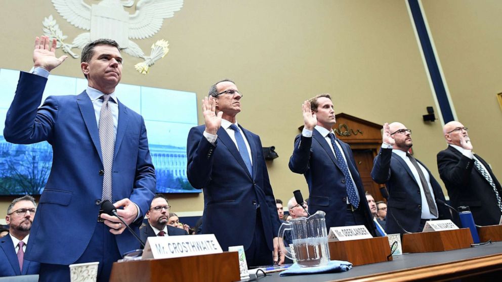 PHOTO: Vape company CEOs take the oath before speaking during an Oversight and Investigations Subcommittee hearing on Capitol Hill, "Vaping in America: E-Cigarette Manufacturers' Impact on Public Health," Feb. 5, 2020 in Washington, D.C. 