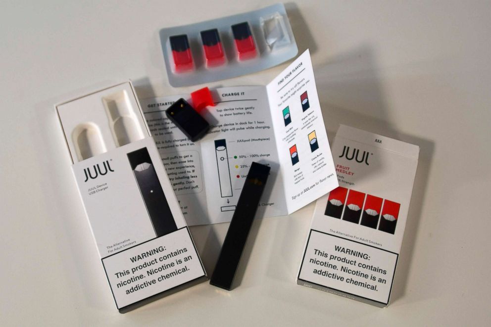 PHOTO: An illustration shows the contents of an electronic Juul cigarette box in Washington, DC, Oct. 2, 2018.