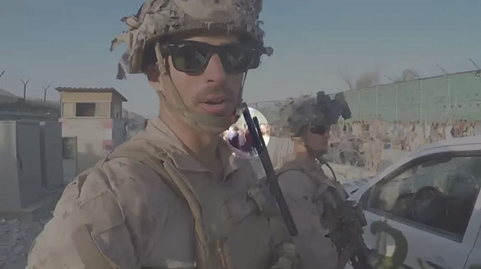 PHOTO: The Pentagon released video footage on Feb. 4, 2022, from the Aug. 26, 2021 suicide bomb attack at Kabul airport that they said shows the bomber behind a U.S. Marine before detonating the explosive.