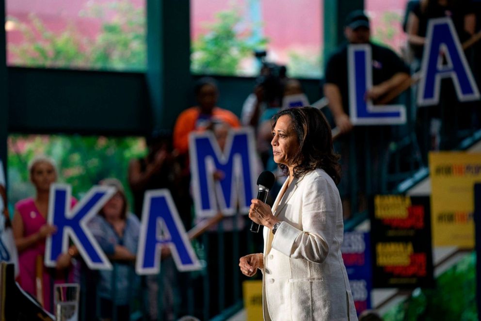 PHOTO: 2020 Democratic Presidential hopeful Senator Kamala Harris speaks at a campaign rally in Davenport, Iowa on August 12, 2019.