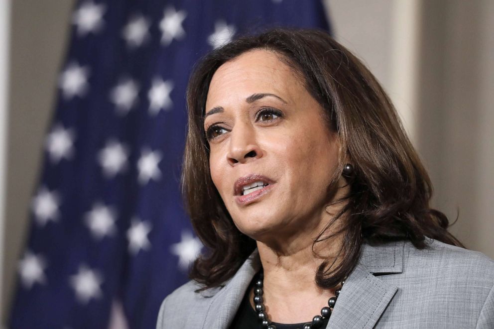 PHOTO: Senator and Democratic Vice Presidential nominee, Kamala Harris, delivers remarks about President Trump's Supreme Court pick to a room full of reporters at Shaw University in Raleigh, N.C., Sept. 28, 2020. 