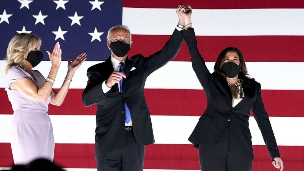 PHOTO: Former Vice President Joe Biden, Democratic presidential nominee, second left, and Senator Kamala Harris, Democratic vice presidential nominee, outside the Chase Center during the Democratic National Convention in Wilmington, Del., Aug. 20, 2020. 