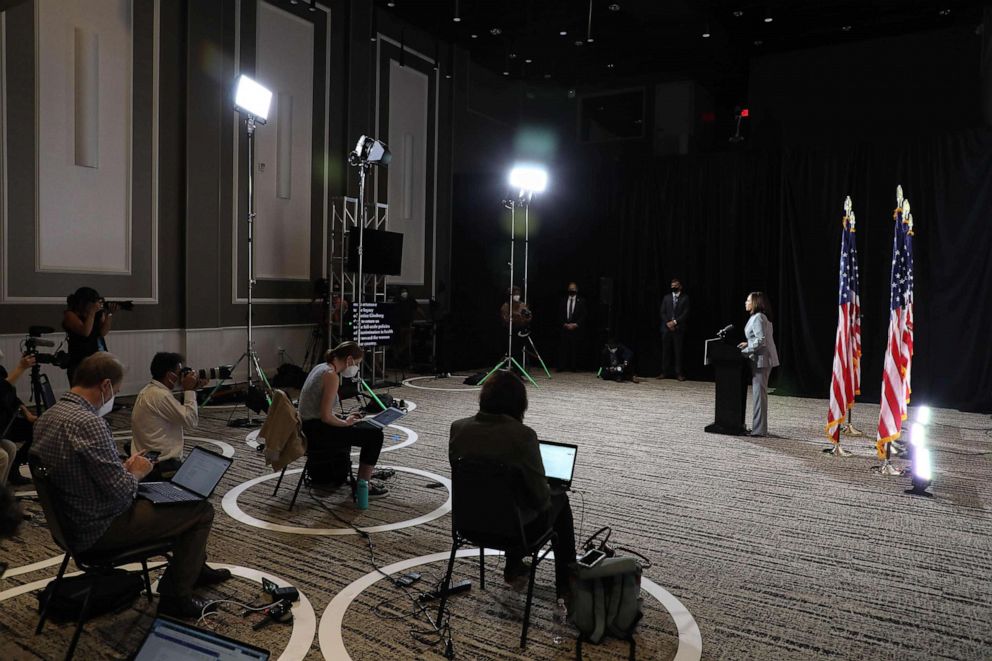 PHOTO: Senator and Democratic Vice Presidential nominee, Kamala Harris, delivers remarks about President Trump's Supreme Court pick to a room full of reporters at Shaw University in Raleigh, N.C., Sept. 28, 2020. 