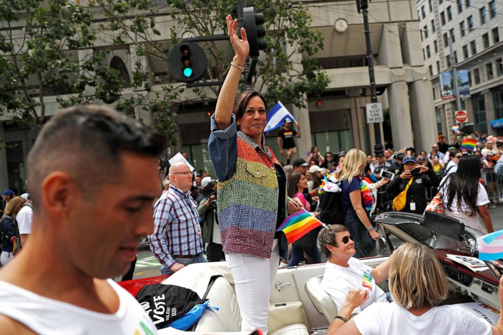 PHOTO: Democratic presidential candidate Kamala Harris waves as she joins supporters of the LGBTQ community at the Pride Parade in San Francisco, Calif., June 30, 2019. 