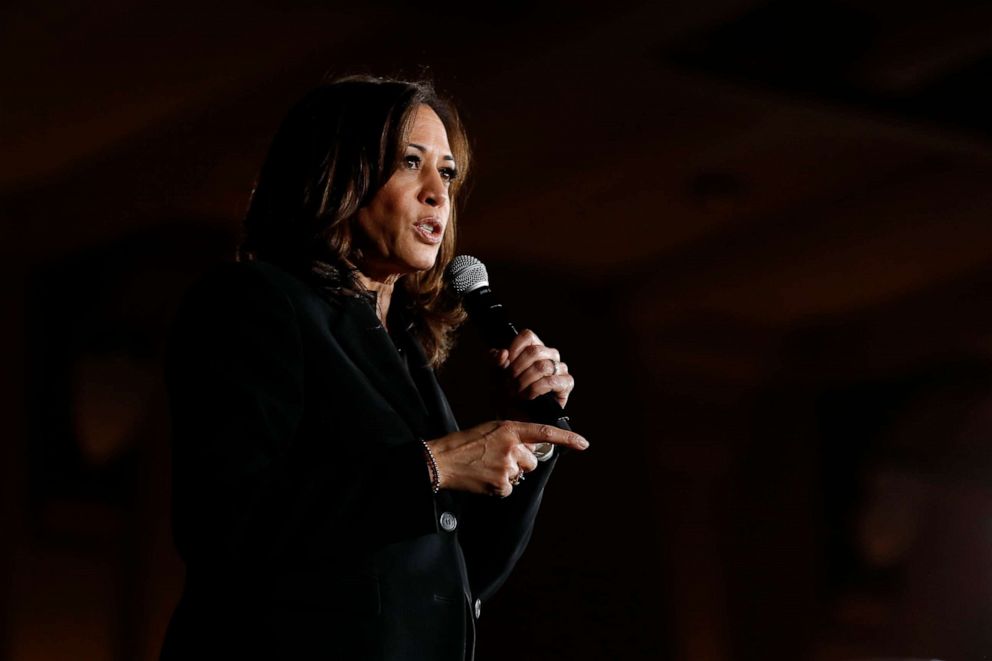 PHOTO: Democratic presidential candidate Sen. Kamala Harris speaks during a town hall meeting at the University of Iowa, April 10, 2019, in Iowa City, Iowa.