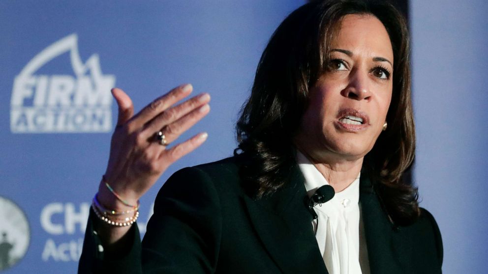 PHOTO: Democratic presidential candidate, Sen. Kamala Harris, D-Calif., speaks during a campaign event at the Unity Freedom Presidential Forum, May 31, 2019, in Pasadena, Calif.