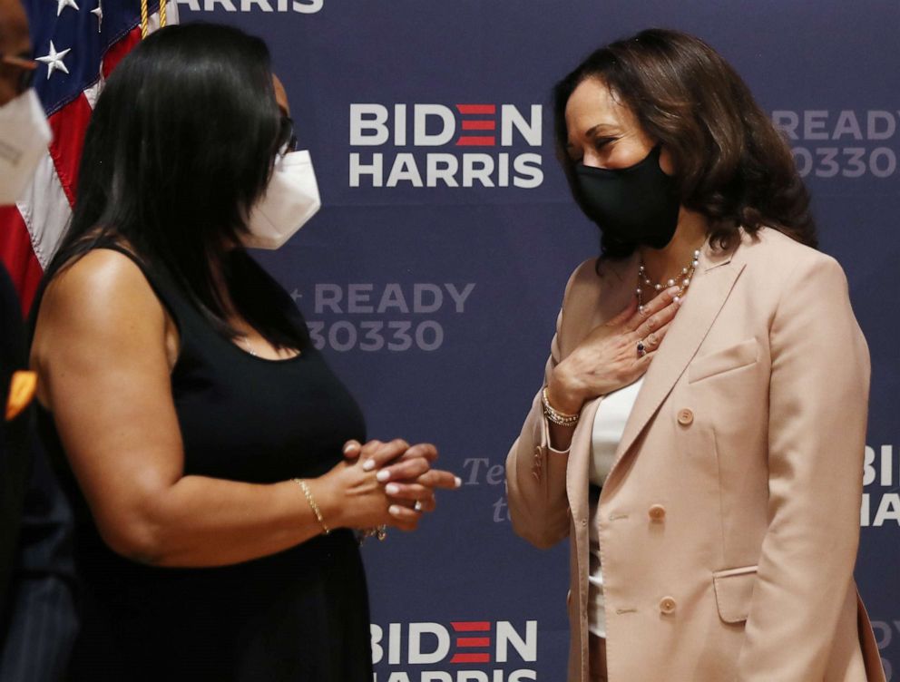 PHOTO: Democratic vice presidential nominee Sen. Kamala Harris speaks Pastor Rhonda Thomas as she participates in a community conversation with African American leaders during a campaign stop on Sept. 10, 2020 in Miami Gardens, Fla.