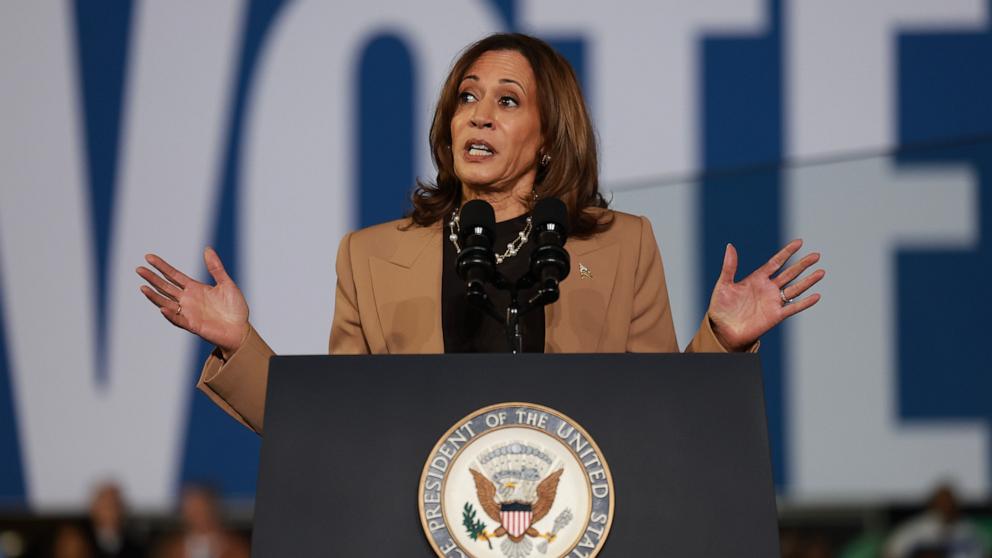 PHOTO: Democratic presidential nominee, Vice President Kamala Harris, speaks during a campaign rally at the James R Hallford Stadium on Oct. 24, 2024 in Clarkston, Ga.