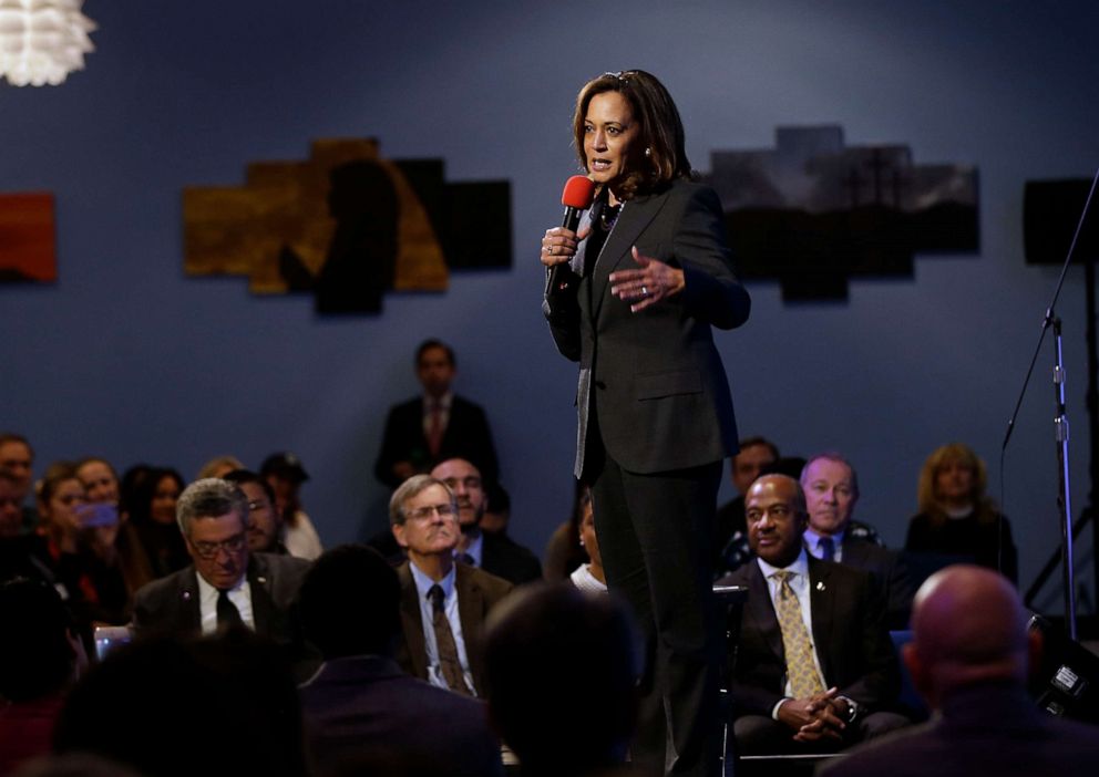 PHOTO: Sen. Kamala Harris speaks at a a town hall meeting in Sacramento, Calif., April 5, 2018.