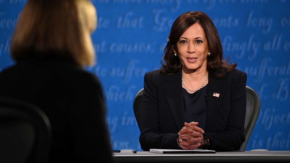 PHOTO: Democratic vice presidential nominee Kamala Harris arrives on stage for the vice presidential debate in Kingsbury Hall at the University of Utah, Oct. 7, 2020, in Salt Lake City.