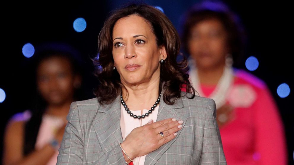 PHOTO: Democratic Presidential Candidate Sen. Kamala Harris holds her hand to her heart during the National Anthem before speaking at the Alpha Kappa Alpha Sorority South Central Regional Conference in New Orleans, April 19, 2019.