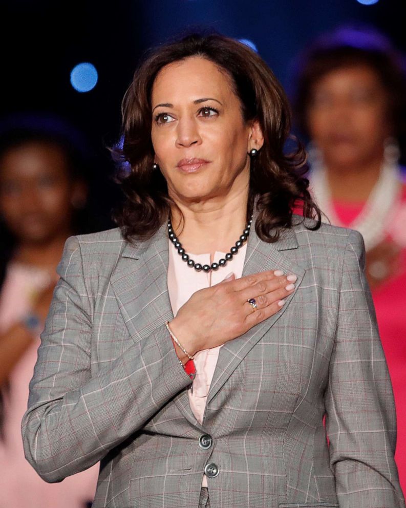 PHOTO: Democratic Presidential Candidate Sen. Kamala Harris holds her hand to her heart during the National Anthem before speaking at the Alpha Kappa Alpha Sorority South Central Regional Conference in New Orleans, April 19, 2019.