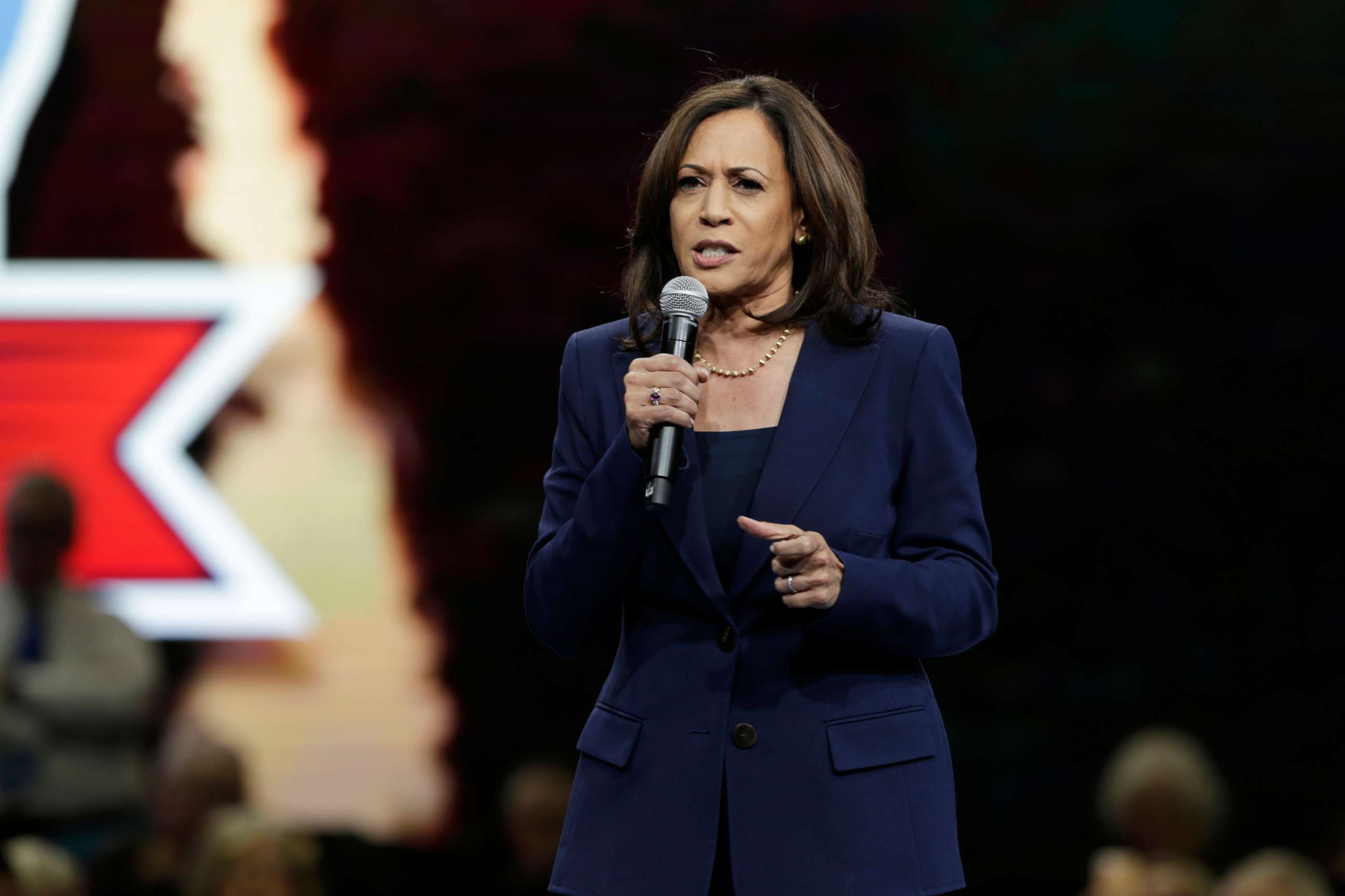 PHOTO: Democratic presidential candidate Sen. Kamala Harris speaks during the Iowa Democratic Party's Liberty and Justice Celebration, Nov. 1, 2019, in Des Moines, Iowa.