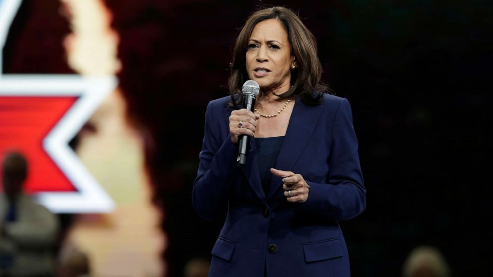 PHOTO: Democratic presidential candidate Sen. Kamala Harris speaks during the Iowa Democratic Party's Liberty and Justice Celebration, Nov. 1, 2019, in Des Moines, Iowa.