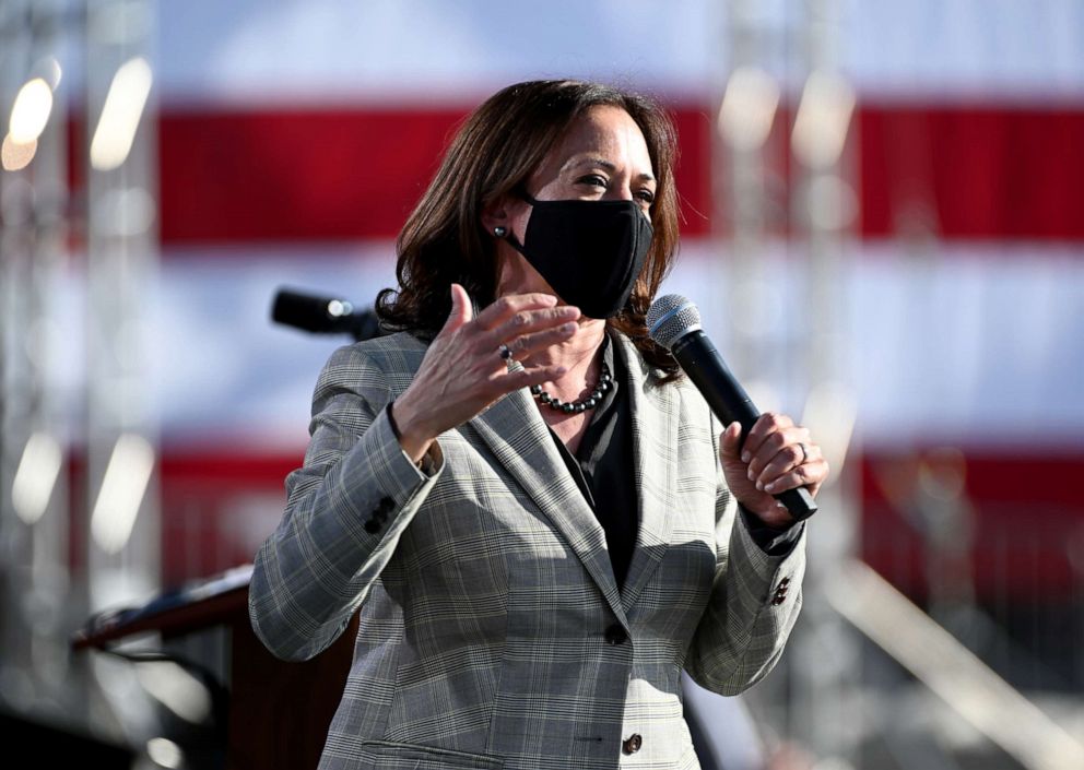 PHOTO: Sen. Kamala Harris speaks during a voter mobilization drive-in event at UNLV on Oct. 2, 2020 in Las Vegas.