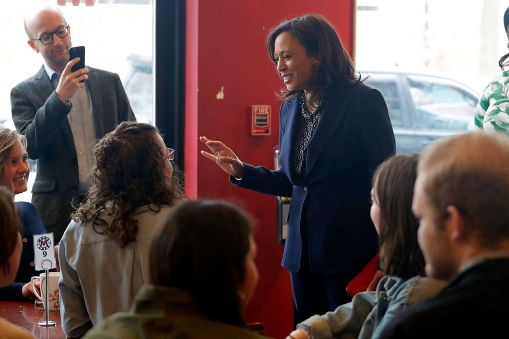 PHOTO: 2020 Democratic presidential candidate Sen. Kamala Harris speaks to students at a local cafe, April 11, 2019, in Des Moines, Iowa.