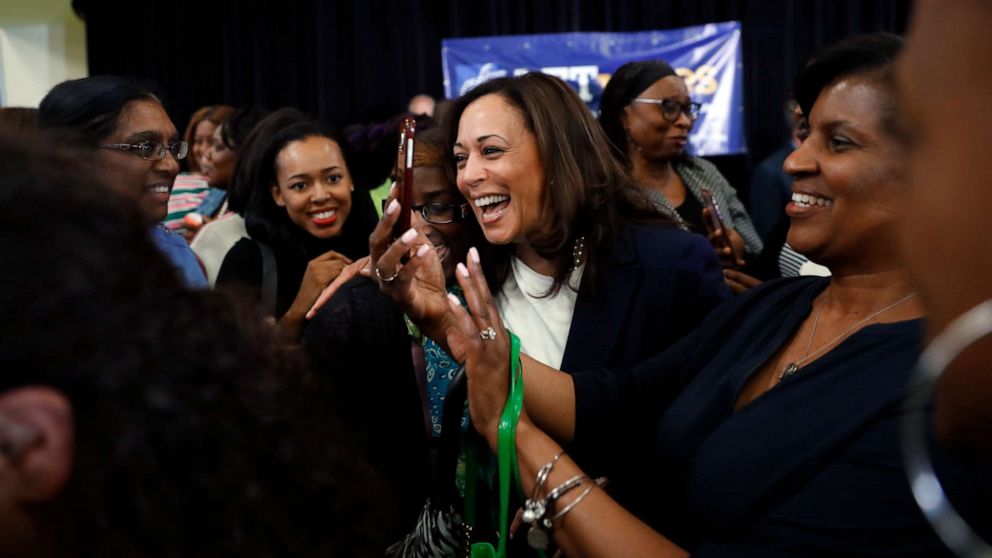 PHOTO: Democratic presidential candidate Sen. Kamala Harris laughs with attendees after a town hall for the American Federation of Teachers in Detroit, May 6, 2019.