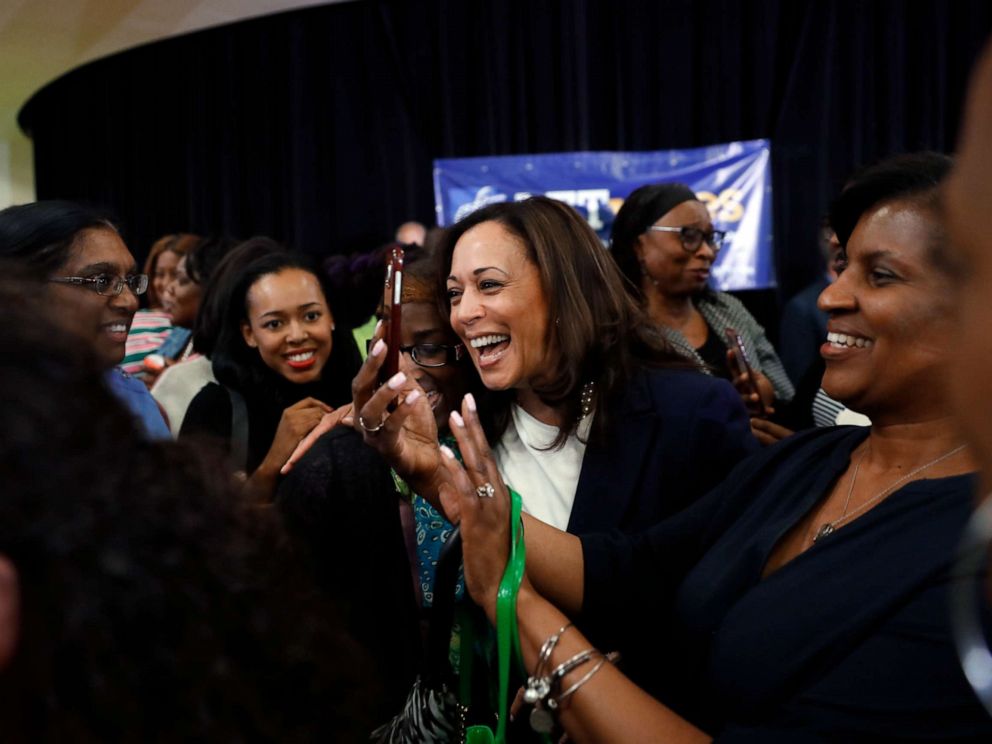 PHOTO: Democratic presidential candidate Sen. Kamala Harris laughs with attendees after a town hall for the American Federation of Teachers in Detroit, May 6, 2019.