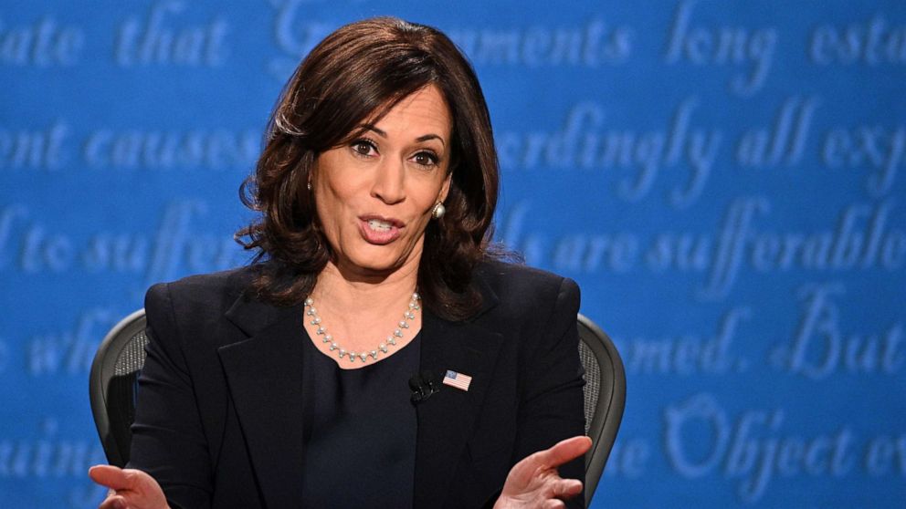 PHOTO: Democratic vice presidential nominee Kamala Harris gestures as she speaks during the vice presidential debate in Kingsbury Hall at the University of Utah, Oct. 7, 2020, in Salt Lake City.