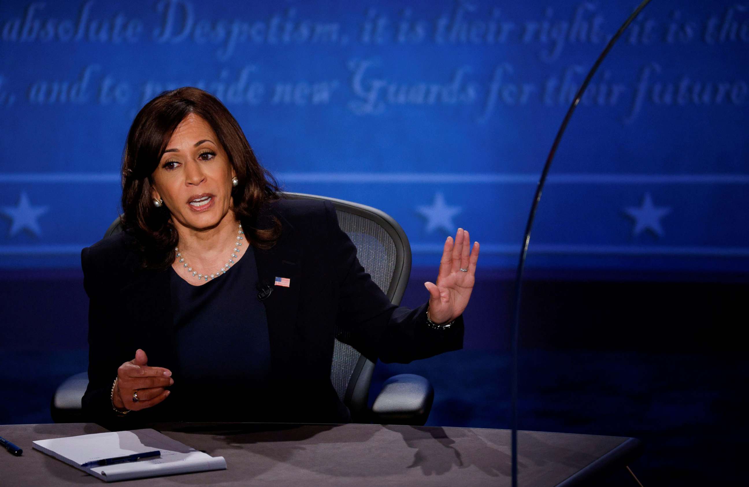 PHOTO: Democratic vice presidential nominee Senator Kamala Harris speaks during the vice presidential campaign debate with Vice President Mike Pence held on the campus of the University of Utah in Salt Lake City, Oct. 7, 2020.