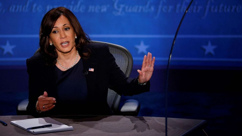 PHOTO: Democratic vice presidential nominee Senator Kamala Harris speaks during the vice presidential campaign debate with Vice President Mike Pence held on the campus of the University of Utah in Salt Lake City, Oct. 7, 2020.