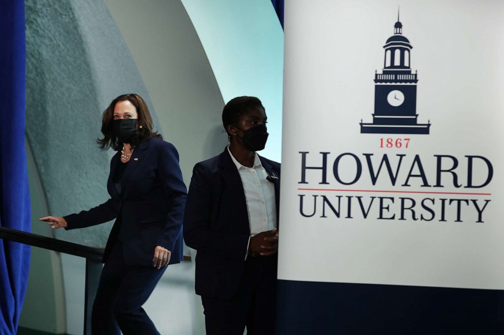 PHOTO: Vice President Kamala Harris takes the stage at the Louis Stokes Library on the campus of Howard University on July 08, 2021, in Washington.