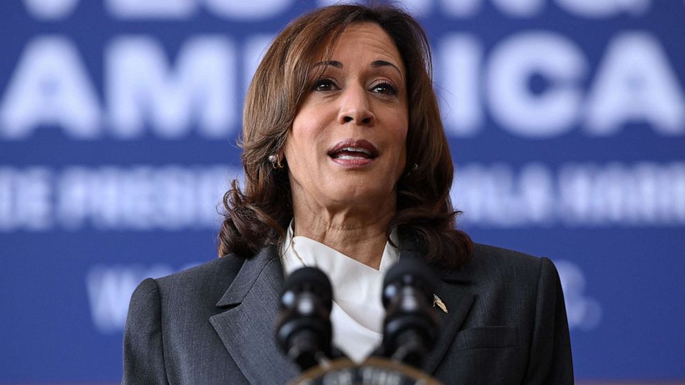 PHOTO: Vice President Kamala Harris speaks about the impact of "Bidenomics," at Sycamore and Oak retail village, Aug. 4, 2023, in Washington.