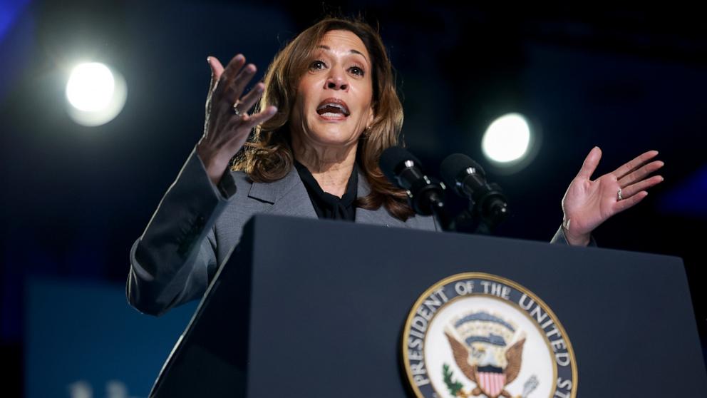 PHOTO: Democratic presidential nominee, U.S. Vice President Kamala Harris, speaks during an event at the Cobb Energy Performing Arts Centre September 20, 2024, in Atlanta, Georgia.