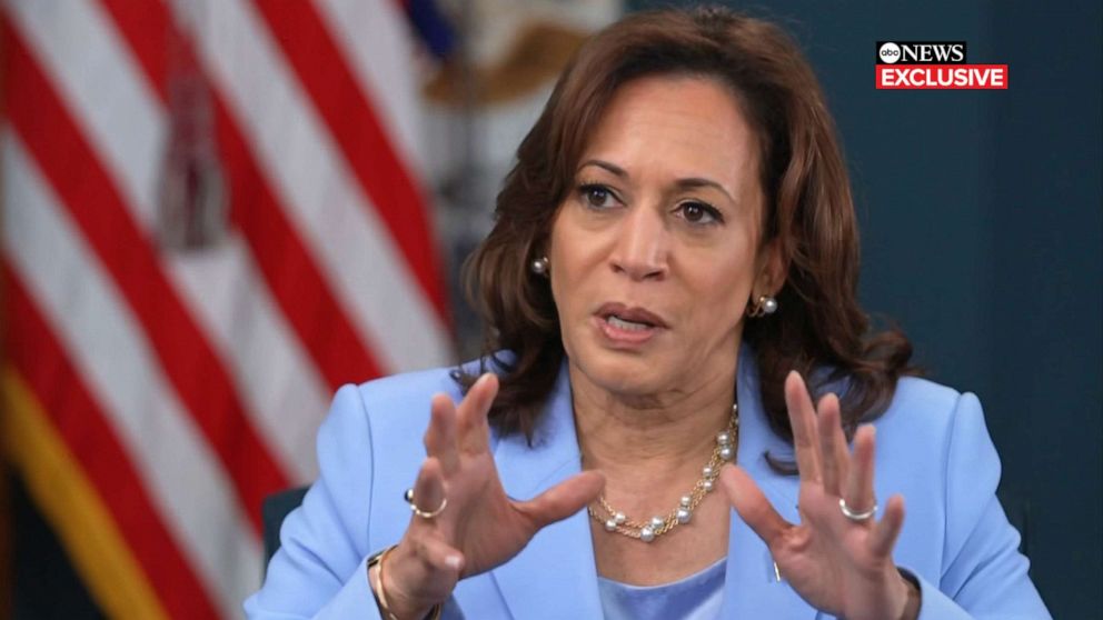 PHOTO: Vice President Kamala Harris speaks with Linsey Davis during an interview with ABC News, July 28, 2023.