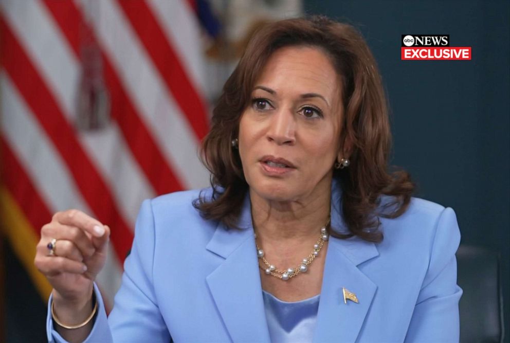 PHOTO: Vice President Kamala Harris speaks with Linsey Davis during an interview with ABC News, July 28, 2023.