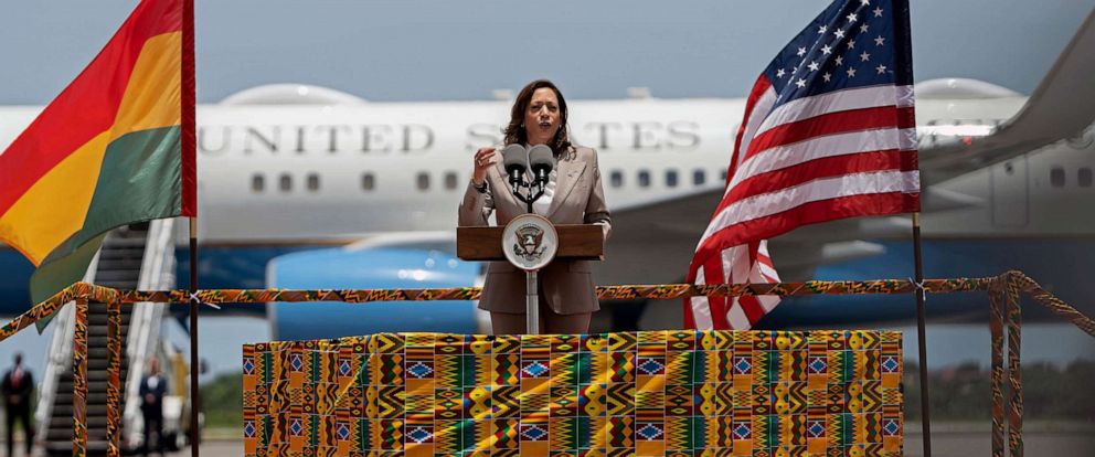PHOTO: Vice President Kamala Harris delivers a speech at the Kotoka International Airport, March 26, 2023 in Accra, Ghana.