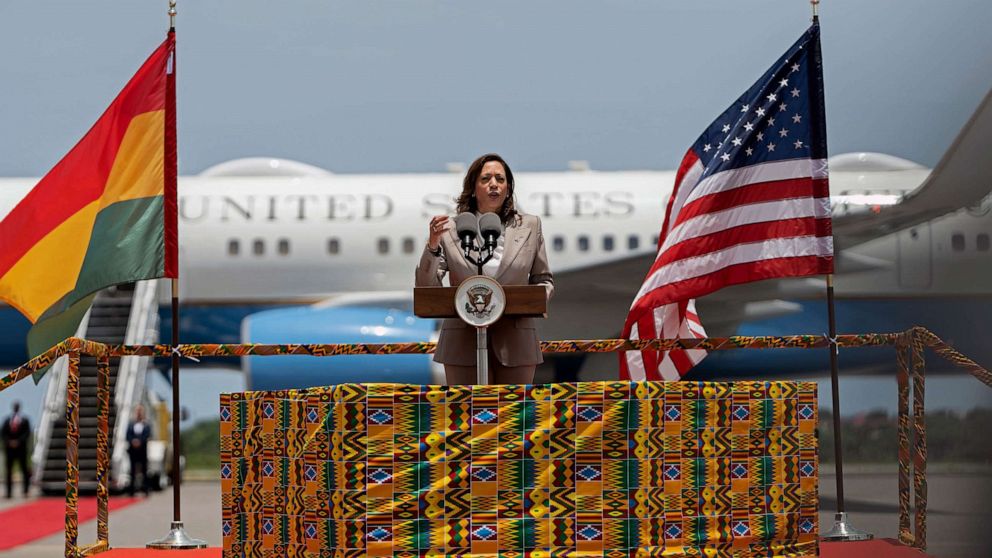 PHOTO: Vice President Kamala Harris delivers a speech at the Kotoka International Airport, March 26, 2023 in Accra, Ghana.