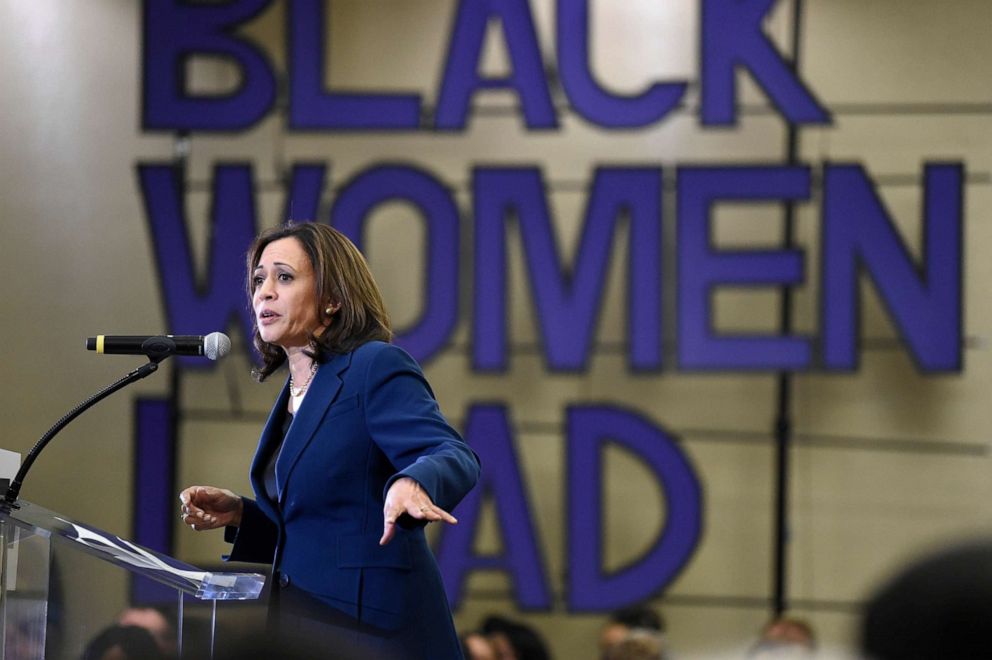 PHOTO: Democratic presidential candidate Sen. Kamala Harris seaks to a crowd during a Black Womens Weekend of Action event at Benedict College, Nov. 23, 2019, in Columbia, S.C.