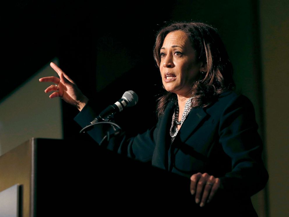 PHOTO: Sen. Kamala Harris addresses labor leaders at the California Labor Federal and State Building and Construction Trades Council Legislative Conference Dinner, April 1, 2019, in Sacramento, Calif.