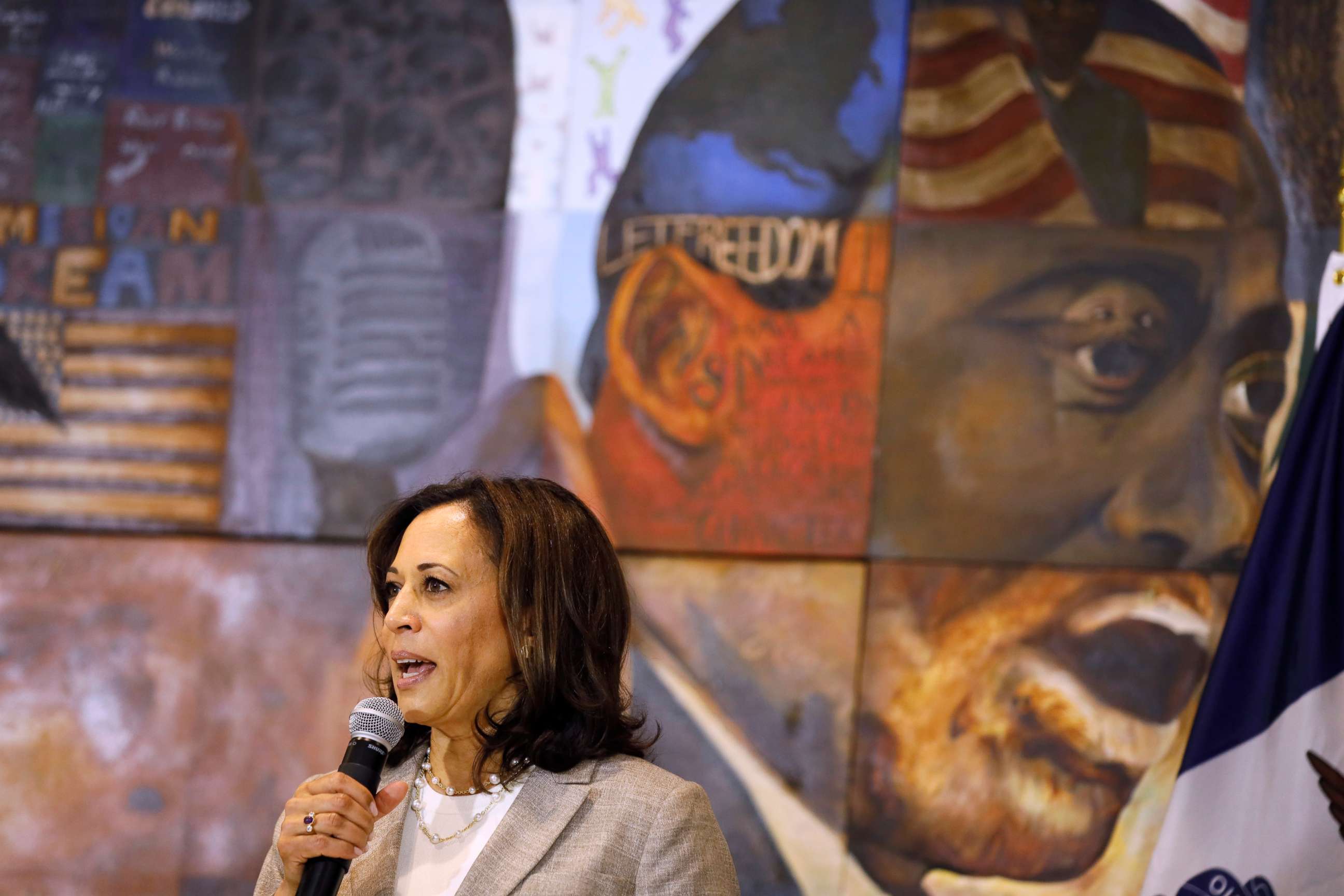 PHOTO: Democratic presidential candidate Sen. Kamala Harris, D-Calif., speaks during a Women of Color roundtable discussion, July 16, 2019, in Davenport, Iowa.