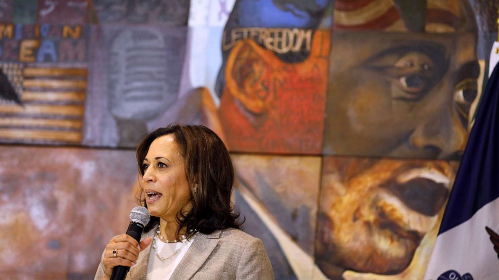 PHOTO: Democratic presidential candidate Sen. Kamala Harris, D-Calif., speaks during a Women of Color roundtable discussion, July 16, 2019, in Davenport, Iowa.