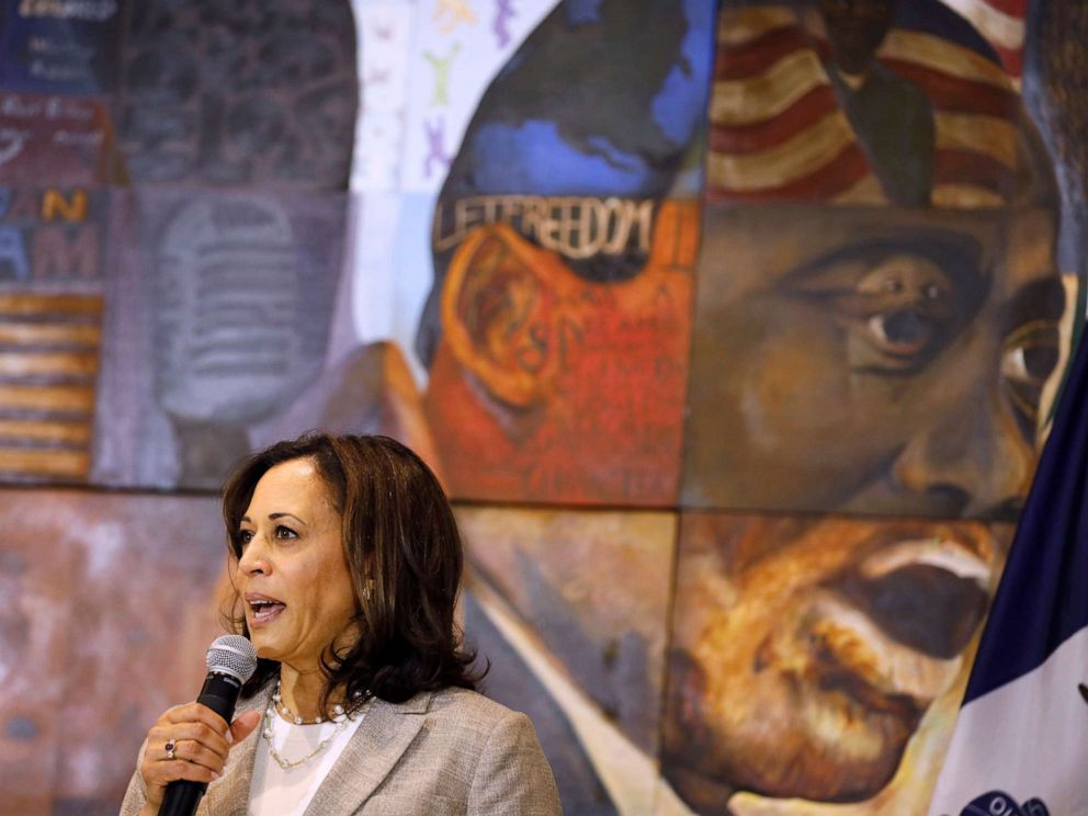 PHOTO: Democratic presidential candidate Sen. Kamala Harris, D-Calif., speaks during a Women of Color roundtable discussion, July 16, 2019, in Davenport, Iowa.