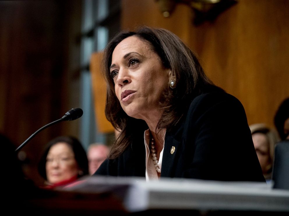 PHOTO: In this Wednesday, May 1, 2019, file photo, Sen. Kamala Harris, D-Calif., speaks as Attorney General William Barr testifies during a Senate Judiciary Committee hearing on the Mueller Report on Capitol Hill in Washington.