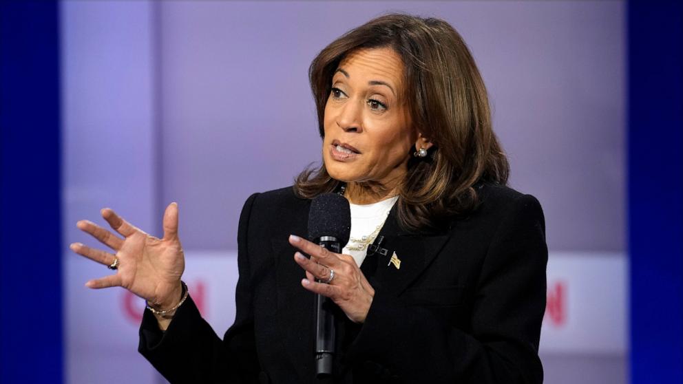 PHOTO: Democratic presidential nominee Vice President Kamala Harris speaks during a CNN town hall in Aston, Pa.,  Oct. 23, 2024