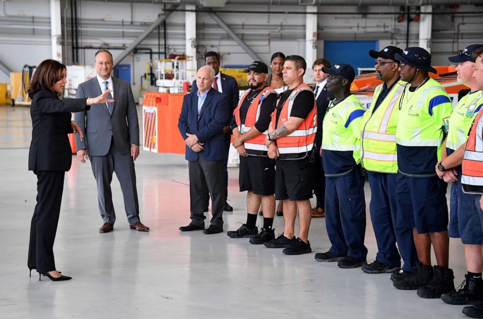 PHOTO: Vice President Kamala Harris and Second Gentleman Doug Emhoff meet with aviation and transport workers who are facilitating the delivery of baby formula, at Dulles International Airport in Dulles, Va., on June 17, 2022.