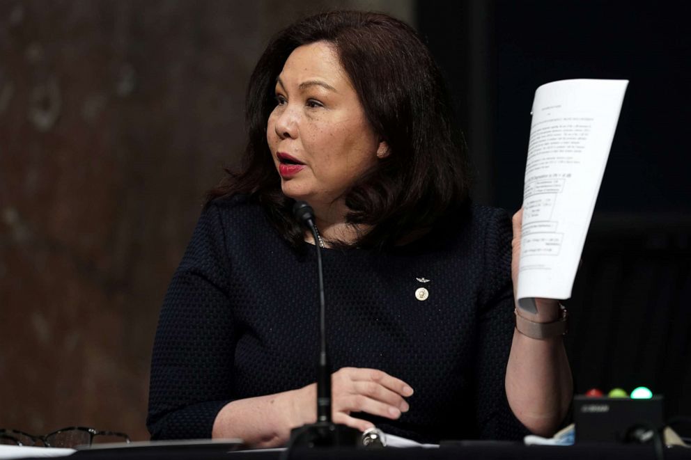 PHOTO: Sen. Tammy Duckworth speaks during a Senate Armed Services Committee hearing on Capitol Hill on May 6, 2020 in Washington.