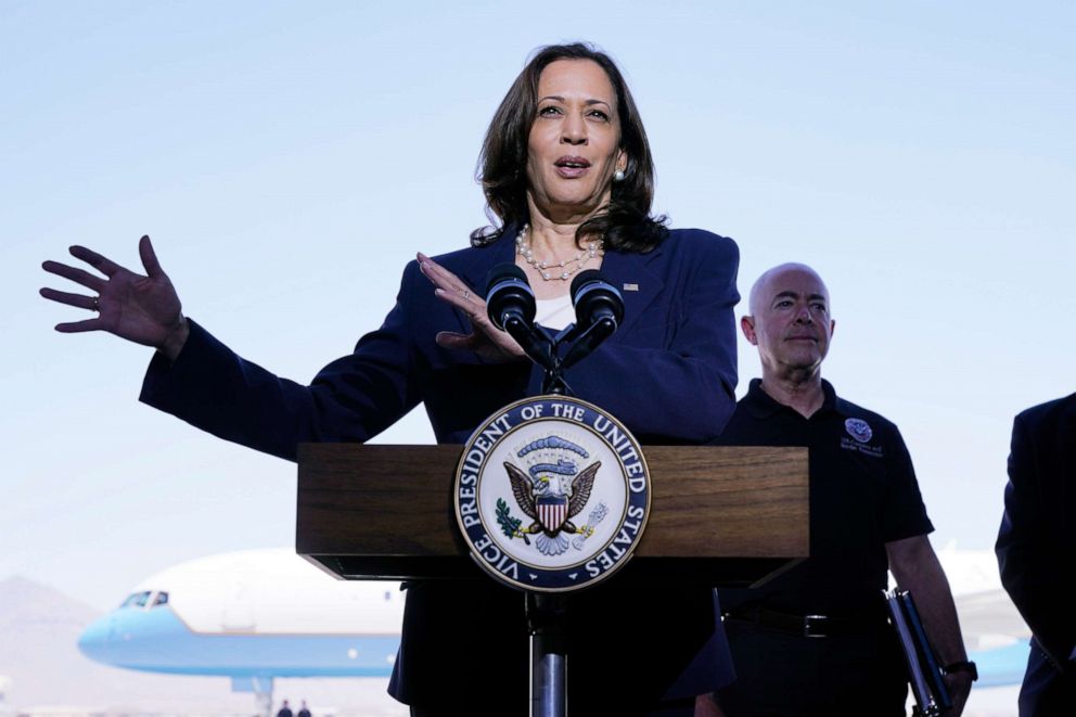 PHOTO: Vice President Kamala Harris talks to the media, Friday, June 25, 2021, after her tour of the U.S. Customs and Border Protection Central Processing Center in El Paso, Texas. 
