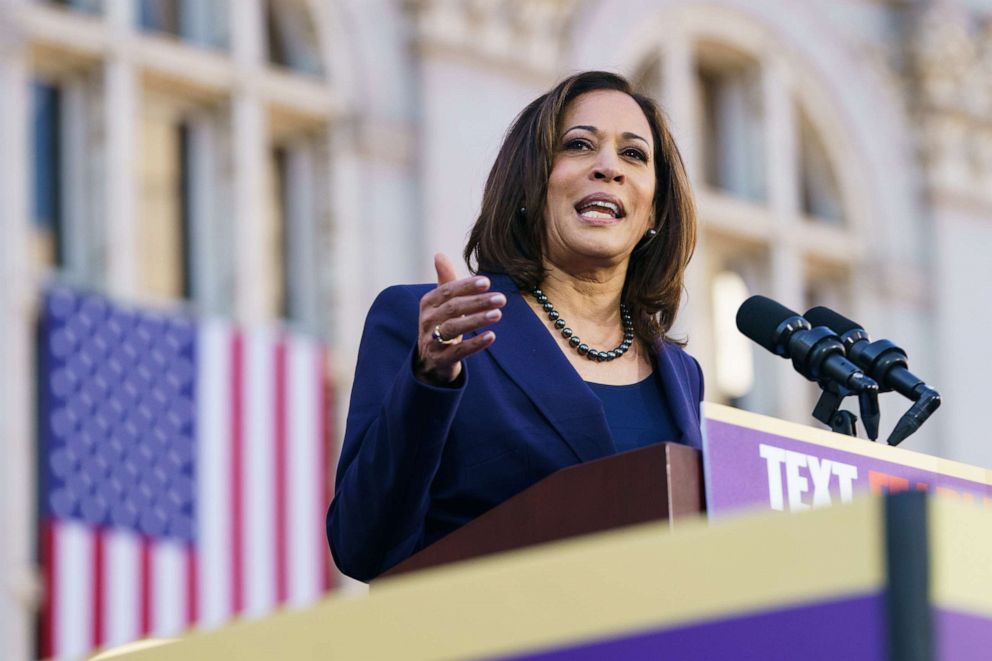 PHOTO: Sen. Kamala Harris speaks to her supporters during her presidential campaign launch rally in Frank H. Ogawa Plaza on Jan. 27, 2019, in Oakland, Calif.