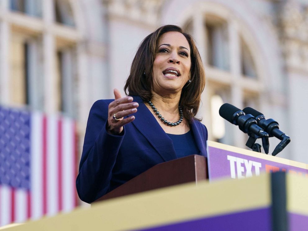 PHOTO: Sen. Kamala Harris speaks to her supporters during her presidential campaign launch rally in Frank H. Ogawa Plaza on Jan. 27, 2019, in Oakland, Calif.