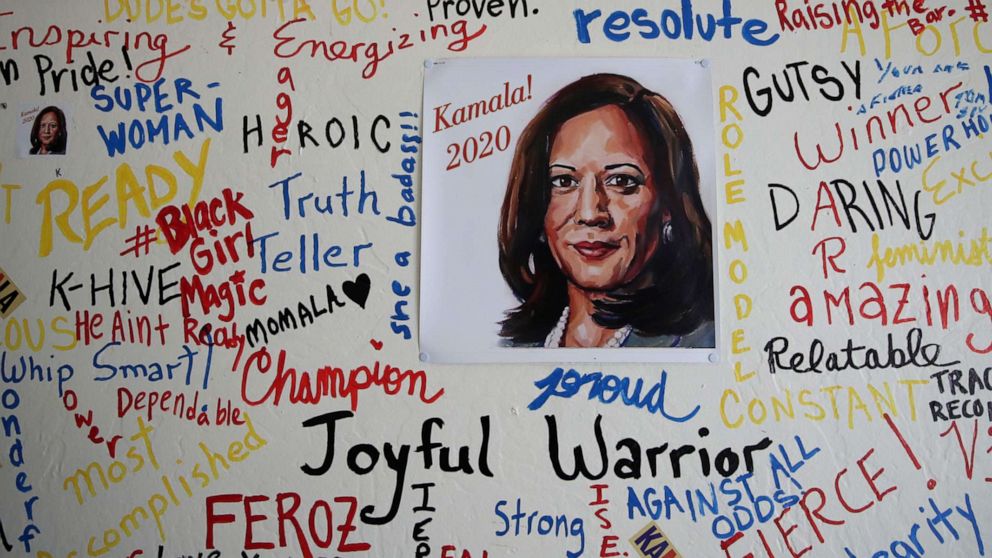 PHOTO: A picture of Sen. Kamala Harris is displayed on a wall inside of her Oakland, Calif., campaign office on Dec. 03, 2019.