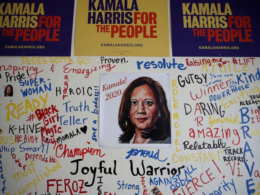 PHOTO: A picture of Sen. Kamala Harris is displayed on a wall inside of her Oakland, Calif., campaign office on Dec. 03, 2019.