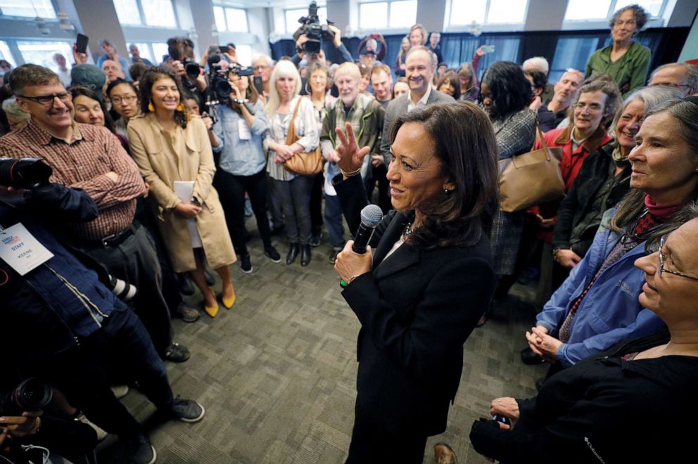 PHOTO: Democratic 2020 presidential candidate and Senator Kamala Harris greets the overflow crowd during a campaign stop at Keene State College in Keene, N.H., April 23, 2019.